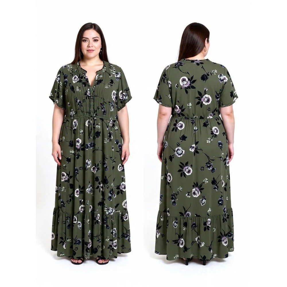 Torrid Olive Floral Challis Pintuck Tiered Maxi Dress 3X Pocket Stretch Rayon